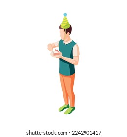 Birthday party isometric icon with man eating cake 3d vector illustration