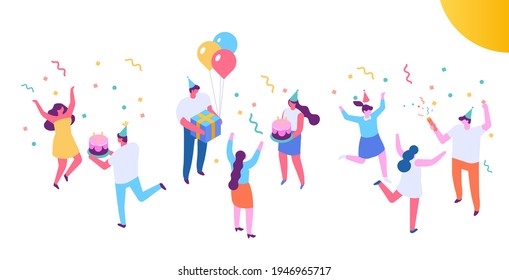 Birthday party isometric people. Vector characters isolated on white