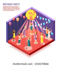 Birthday party isometric vector illustration with people gathered together in decorated hall to celebrate holiday