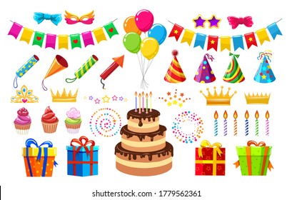 Birthday party items. Cartoon colorful different items for boys and girls for celebration events or banquets, vector illustration confetti, kids hats, cakes isolated on white background