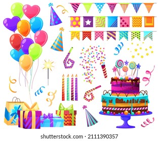 Birthday party items, celebration elements, decoration celebrate. Cake, lollipops, cone hats, candles, confetti, balloons, flag garland, flapper, gift boxes, ribbon bows, sparkler. Vector illustration