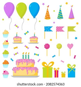 Birthday party items. Colorful balloons, birthday cake, cupcakes, lollipops, gift boxes, flags. Isolated vector illustration signs set