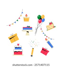 Birthday Party Items Including Cakes, Balloons, Gifts, And Candles In Flat Vector Illustration Symbolizing Celebration, Festivity, And Joy, Isolated On White Background.