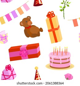 Birthday party items. Seamless pattern with gifts.