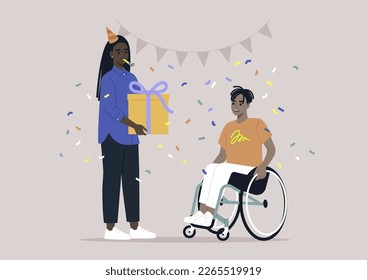 A birthday party, a jubilee using a wheelchair support due to moving disability 