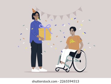 A birthday party, a jubilee using a wheelchair support due to moving disability  svg