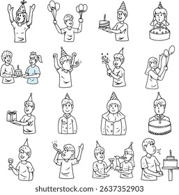 Birthday party kids celebrating in various fun activities illustration  