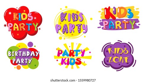 Birthday party kids zone label banner set, vector isolated illustration. Abstract color shapes, creative hand lettering typography for party invitation, card, children game room or center logo.