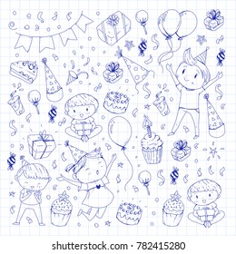 Birthday party Kindergarten children Kids drawing Party invitation with boys and girls, sweets and balloons, gifts and presents