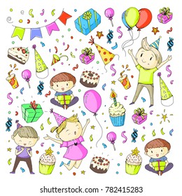 Birthday party Kindergarten children Kids drawing Party invitation with boys and girls, sweets and balloons, gifts and presents