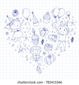 Birthday party Kindergarten children Kids drawing Party invitation with boys and girls, sweets and balloons, gifts and presents