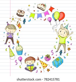 Birthday party Kindergarten children Kids drawing Party invitation with boys and girls, sweets and balloons, gifts and presents