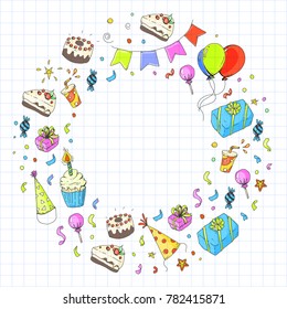 Birthday party Kindergarten children Kids drawing Party invitation with boys and girls, sweets and balloons, gifts and presents