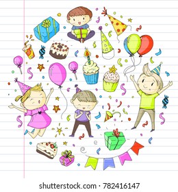 Birthday party Kindergarten children Kids drawing Party invitation with boys and girls, sweets and balloons, gifts and presents