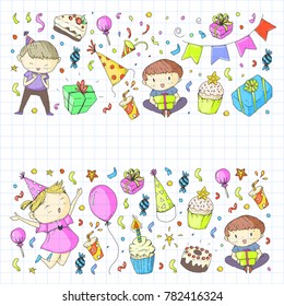 Birthday party Kindergarten children Kids drawing Party invitation with boys and girls, sweets and balloons, gifts and presents