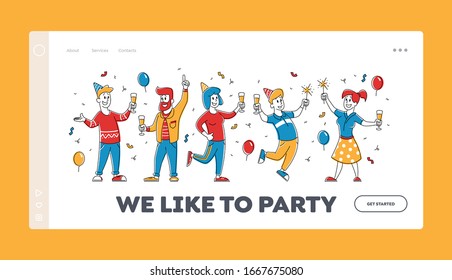 Birthday Party Landing Page. Happy People in Festive Hats with Wineglasses in Hands Celebrating Holiday with Balloons and Confetti. Cartoon Flat Vector Illustration, Linear