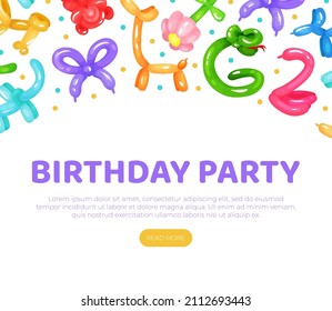 Birthday party landing page template with twisted bright cute animal toys seamless pattern vector illustration