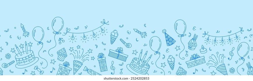 Fundo da linha da festa de aniversário com bolo, confete e balões em esboço de doodle, vetor de desenhos animados. Fundo da festa de aniversário com ícones de linha de presentes, sorvete e popper com velas e foguete