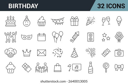 Birthday and Party Line Editable Icons Set. Includes Birthday Cake, Party Hat, Balloons, Gift Box, Fireworks, Music, Celebration, Decorations, and More. Vector illustration.