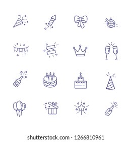 Birthday party line icon set. Decoration, cake with candles, champagne. Celebration concept. Can be used for topics like wedding, surprise, holiday, anniversary