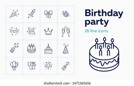 Birthday party line icon set. Decoration, cake with candles, champagne. Celebration concept. Can be used for topics like wedding, surprise, holiday, anniversary