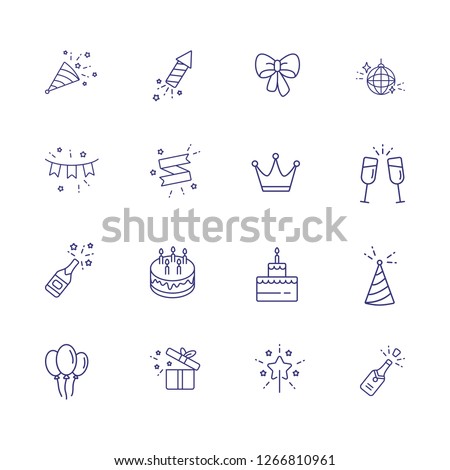 Birthday party line icon set. Decoration, cake with candles, champagne. Celebration concept. Can be used for topics like wedding, surprise, holiday, anniversary