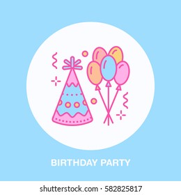 Birthday party line icon. Vector logo for party service or event agency. Linear illustration of balloons, birthday hat and confetti.
