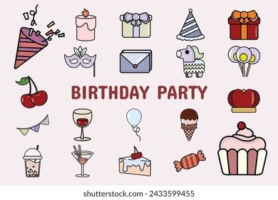 Birthday Party Lineal Color Vector Illustration Icon Sticker Set Design Materials