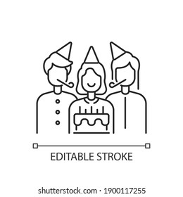 Birthday party linear icon. Surprise celebration for children. Special occasion for anniversary. Thin line customizable illustration. Contour symbol. Vector isolated outline drawing. Editable stroke