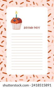 Birthday Party list. Party invitation with cupcake and candle. Birthday greeting card, wish list with hand drawn holiday muffin. Vector print. Typography poster for birthday party, banner, poster