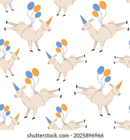 Birthday party llama in a cap flies on ballons seamless pattern with funny lamas alpacas for cover, wrapping paper, background vector illustration