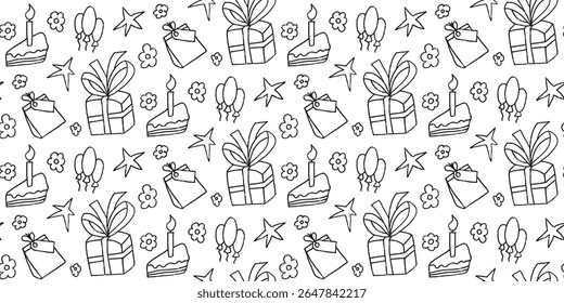 Birthday party marker scribble seamless pattern. Festive doodle endless background. Hand drawn kids black and white repeat cover. Surface pattern design b-day motif. Vector hand drawn illustration.