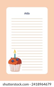 Birthday Party menu and cupcake with candle. Lined page for letter with hand drawn holiday muffin. Vector print with copy space. Typography poster for birthday party, banner, poster