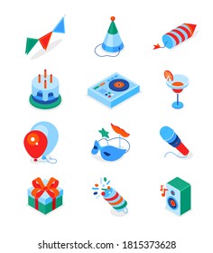 Birthday party - modern colorful isometric icons set. Holiday celebration symbols, festival elements. Flags, hat, petard, cake, cocktail, balloons, mask, microphone, present, firework, speaker images