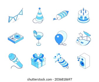 Birthday party - modern line isometric icons set