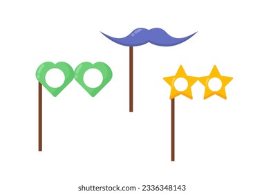 Birthday party mustache and glasses concept. Masquerade accessories, elements. Design element for greeting and invintation postcard. Cartoon flat vector illustration isolated on white background