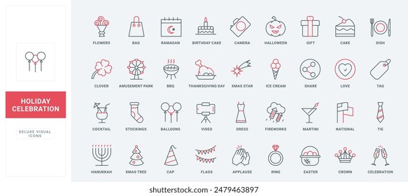 Birthday party, national and religious holidays and fun events line icons set. Dinner or banquet decoration and food, cake and gift, bouquet thin black and red outline symbols vector illustration