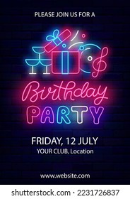 Birthday party neon advertising. Bright greeting card. Gift box, music and drink glasses. Luminous vertical poster. Shiny template. Glowing banner. Vector stock illustration