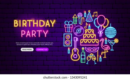 Birthday Party Neon Banner Design. Vector Illustration Of Celebration Promotion.