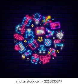 Birthday party neon circle layout with icons. Happy Birthday invitation. Party celebration design. Gift box, confetti, garland signs. Shiny greeting card. Vector stock illustration