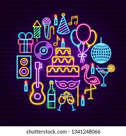 Birthday Party Neon Concept. Vector Illustration of Happy Promotion.