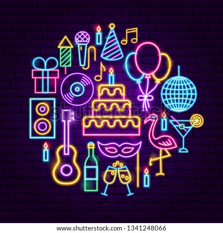 Birthday Party Neon Concept. Vector Illustration of Happy Promotion.