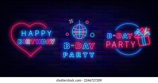 Birthday party neon emblems collection. Happy B-Day celebration. Heart frame. Circle frame with gift box. Disco ball icon. Invitation design set. Luminous signs pack. Vector stock illustration