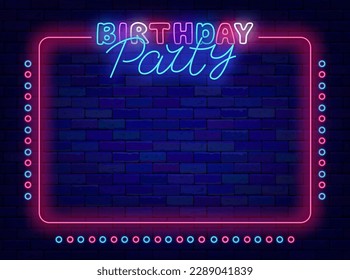 Birthday party neon frame. Colorful advertising. Pink vintage frame with circles. Anniversary celebration. Minimal banner. Copy space. Bright flyer. Glowing poster. Vector stock illustration