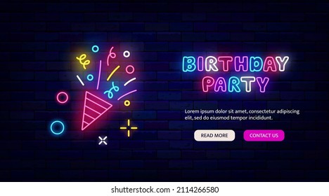 Birthday Party Neon Greeting Card. Flapper With Confetti And Streamers. Website Template And Mobile Apps. Night Bright Flyer And Promotion. Landing Page. Vector Stock Illustration