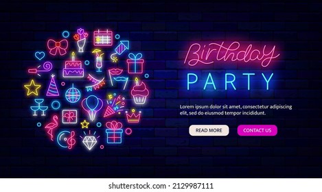 Birthday party neon greeting card. Landing page template. Round layout with shiny icons. Cake, firework and calendar. Holiday flyer on brick wall. Vector stock illustration