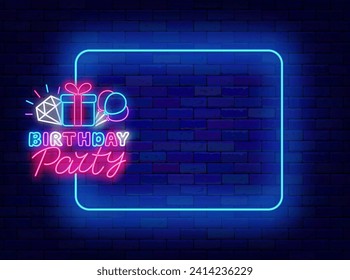 Birthday party neon greeting card. Party invitation. Anniversary holiday. Empty blue frame and presents. Shiny advertising. Colorful handwritten text. Copy space. Editing text. Vector illustration