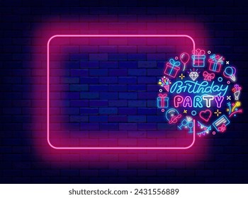 Birthday party neon greeting card. Anniversary holiday. Empty pink frame. Circle layout with icons and headline text. Congratulation flyer. Shiny advertising. Copy space. Vector illustration