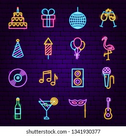 Birthday Party Neon Icons. Vector Illustration of Happy Promotion.