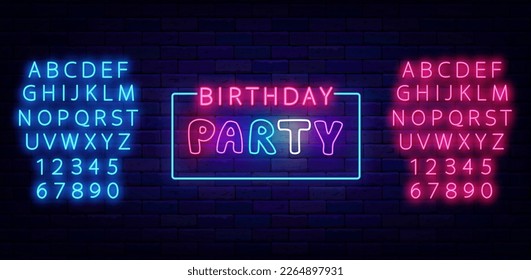 Birthday party neon label. Rectangular frame. Light event advertising. Luminous blue and pink alphabet. Shiny greeting card. Glowing banner. Vector stock illustration